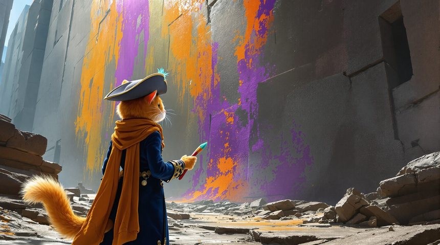 Spark climax image: an adventurous cat artist painting a crumbling city wall
