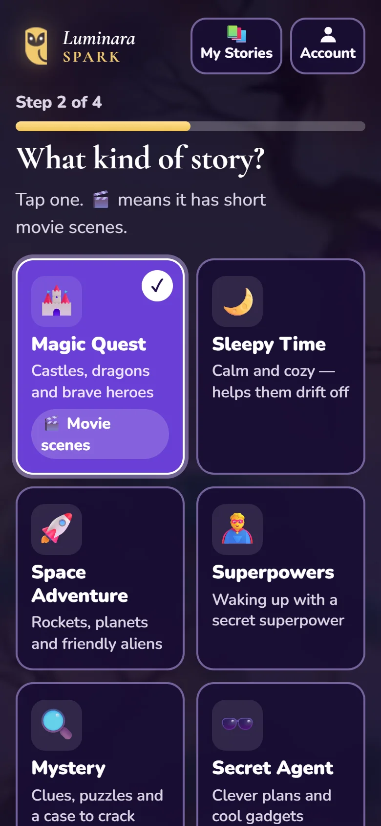 The What kind of story? screen with big picture tiles; Magic Quest is marked Movie scenes