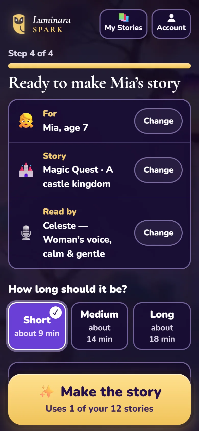 The last step: a summary for Mia, age 7, and Short, Medium or Long buttons with minutes