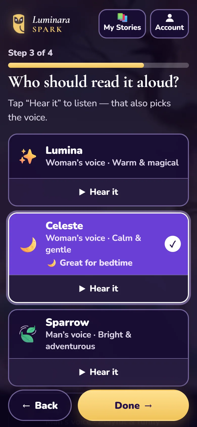 The Who should read it aloud? screen with storyteller cards and Hear it buttons
