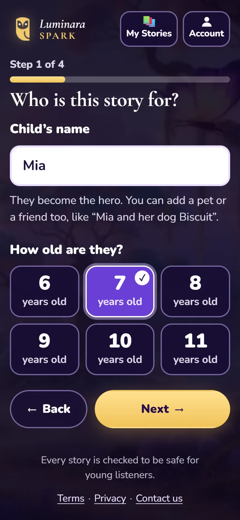 The app’s first step, Who is this story for?, with a name box and big age buttons from 6 to 11